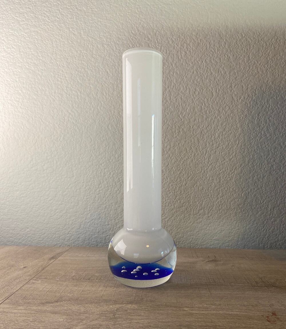 Glass Art Vase White Clear and Blue